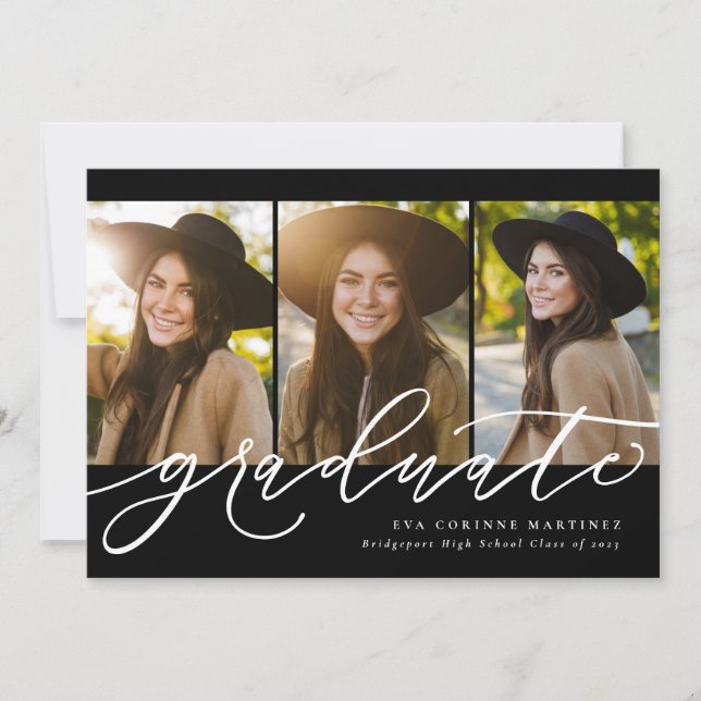 Modern script graduate three photo graduation announcement (Front)