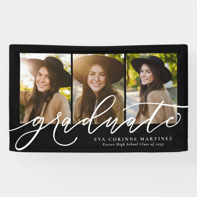 Modern script graduate three photo graduation banner (Horizontal)