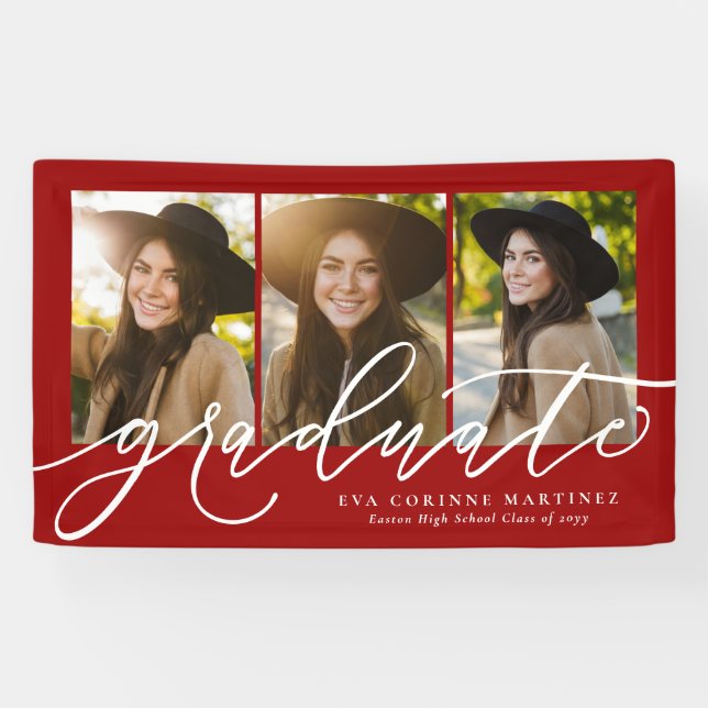 Modern script graduate three photo red graduation banner (Horizontal)