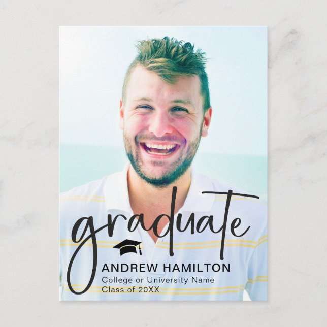 Modern Script Graduate Two Photo Graduation Cool Announcement Postcard (Front)
