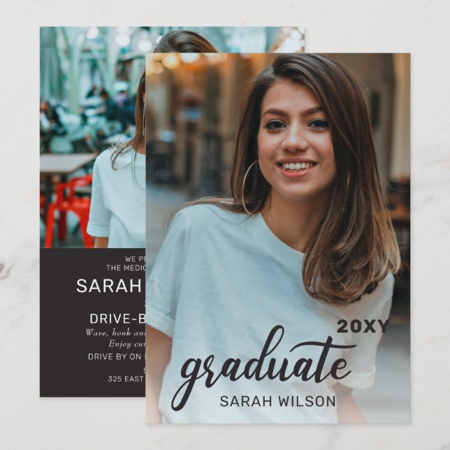 Modern Script Graduate Two Photos Drive By  Invitation (Front/Back)