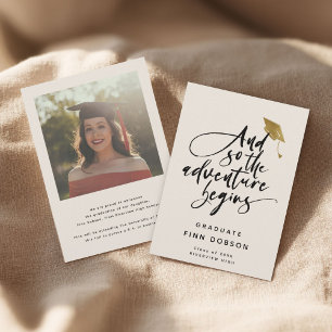 Modern Script Graduation Adventure Begins Photo Announcement