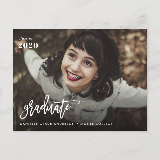 Modern script graduation announcement & invitation postcard (Front)