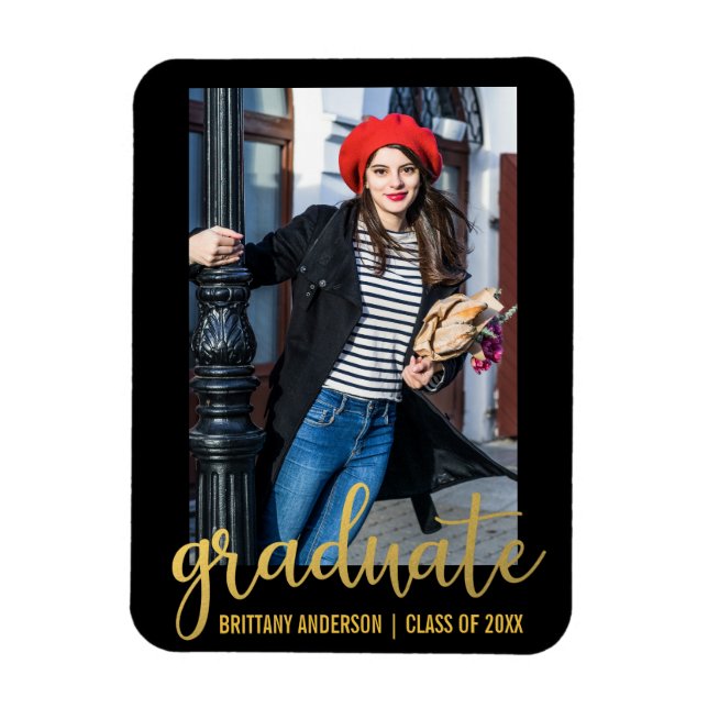 Modern Script Graduation Announcement Photo Gold Magnet (Vertical)