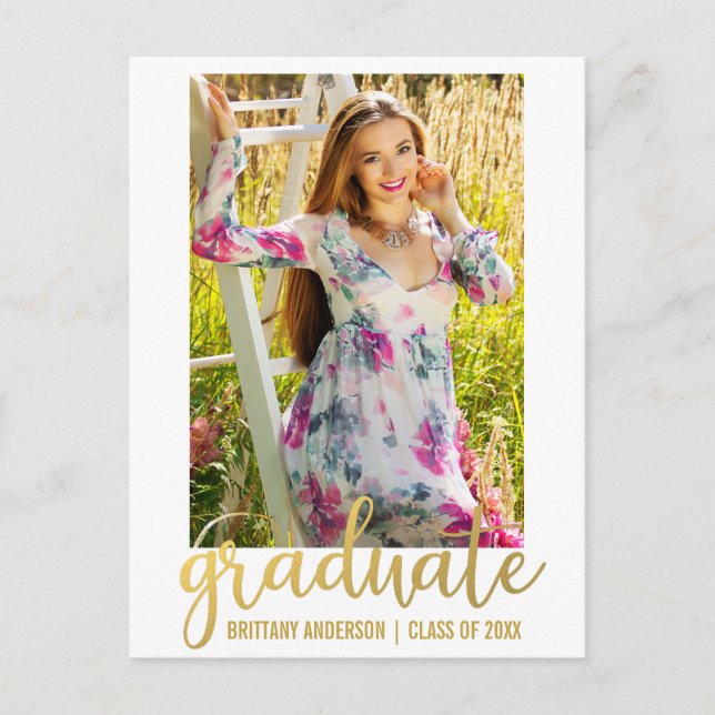 Modern Script Graduation Announcement Photo Gold W Postcard (Front)