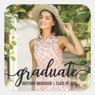 Modern Script Graduation Announcement Photo Square Sticker