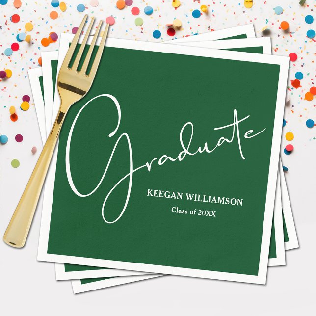 Modern Script Graduation Green Napkin (Modern white script on green graduation party napkins, paper plates in our store)