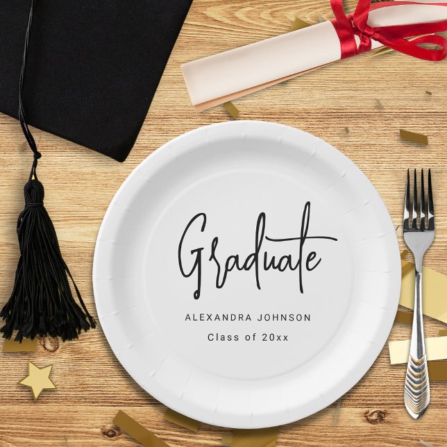 Modern Script Graduation Party Custom Paper Plate (Trendy modern black script graduation party custom white paper plate with graduate name and class of)
