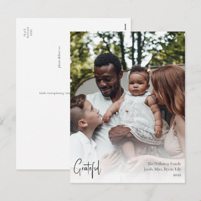 Modern Script Grateful Full Vertical Photo Holiday Postcard (Front/Back)