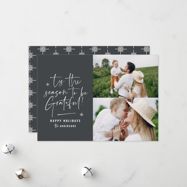 Modern script grateful photo holiday card (Front/Back In Situ)