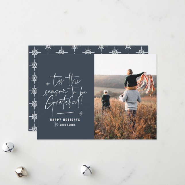 Modern script grateful photo holiday card (Front/Back In Situ)