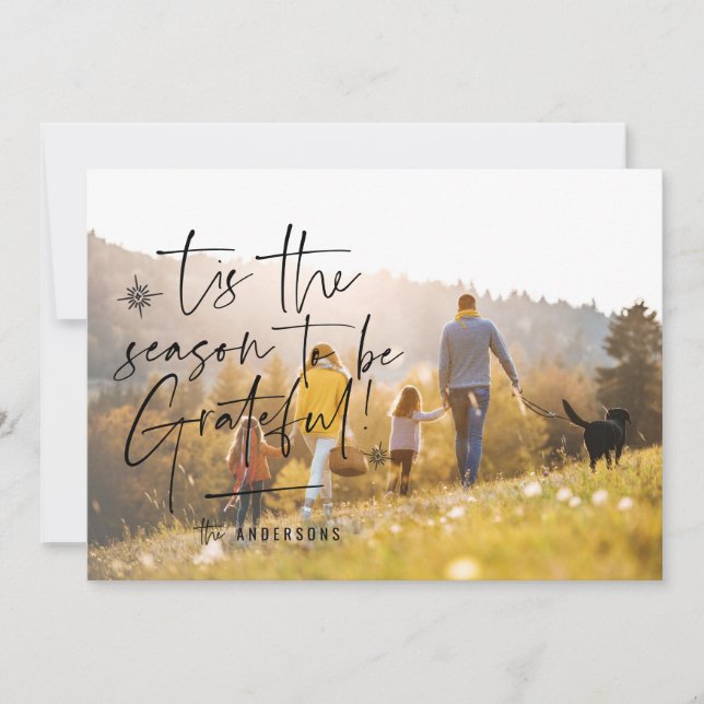 Modern script grateful photo holiday card (Front)