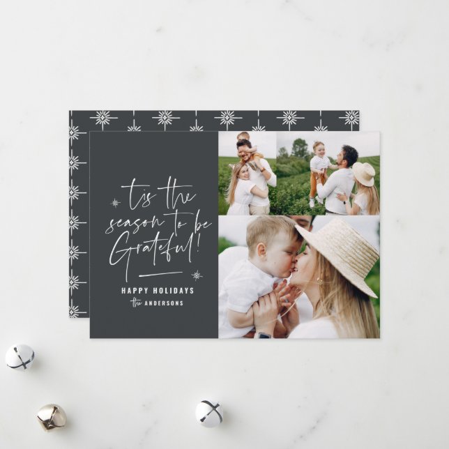 Modern script grateful photo holiday card (Front/Back In Situ)