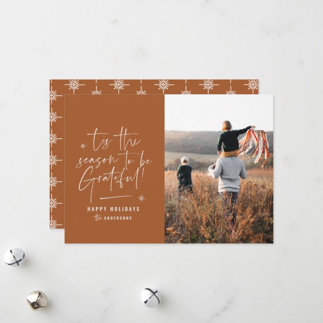Modern script grateful photo holiday card (Front/Back In Situ)