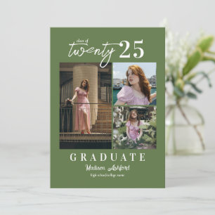 Modern Script Green 3 Photo Collage Graduation Announcement