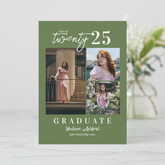 Modern Script Green 3 Photo Collage Graduation Announcement (Standing Front)