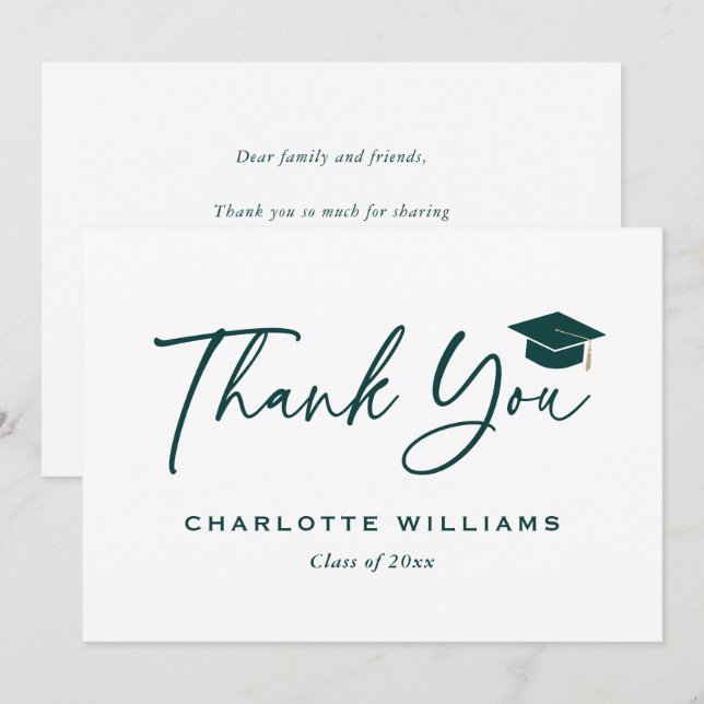 Modern Script Green and White Graduation Cap Thank You Card (Front/Back)