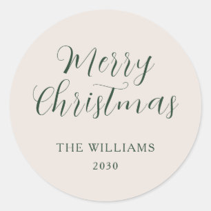 Modern Script Green Beige Merry Christmas Custom Classic Round Sticker