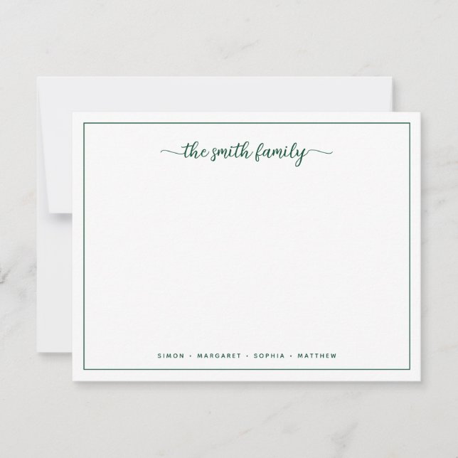 Modern Script Green Border Family Stationery Card (Front)