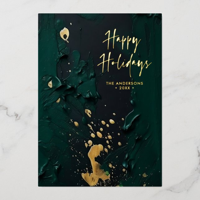 Modern Script Green Gold Abstract Paint Christmas (Front)