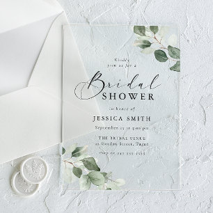Modern Script Green Leaf Bridal Shower Acrylic Invitations
