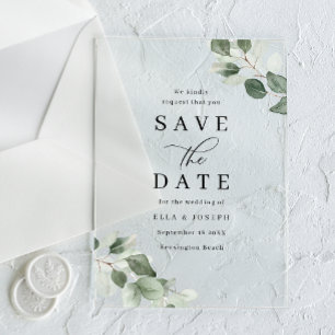 Modern Script Green Leaf Wedding Save The Date Acrylic Invitations