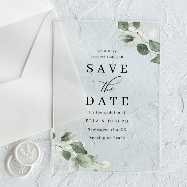 Modern Script Green Leaf Wedding Save The Date Acrylic Invitations (Creator Uploaded)