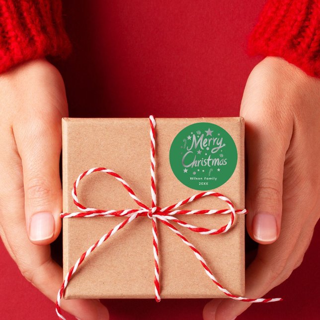 Modern Script Green Merry Christmas Custom Classic Round Sticker (Creator Uploaded)