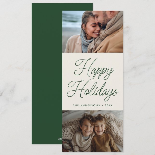 Modern Script Green Two Photo Tall Christmas Holiday Card (Front/Back)