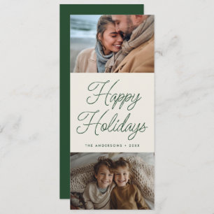 Modern Script Green Two Photo Tall Christmas Holiday Card