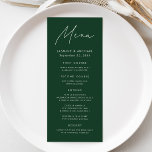 Modern Script Green Wedding Menu<br><div class="desc">Elevate your wedding reception with our beautifully crafted wedding menu, featuring a sleek handwritten white script on a hunter green background. Perfect for couples seeking a simple yet sophisticated look, this modern design lets you personalise with your names, wedding date, and menu offerings. Its minimalist style effortlessly complements any wedding...</div>