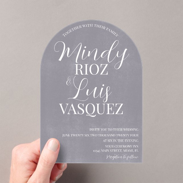 Modern Script Grey Washed Stone Rustic Wedding Acrylic Invitations (Insitu (Handheld))