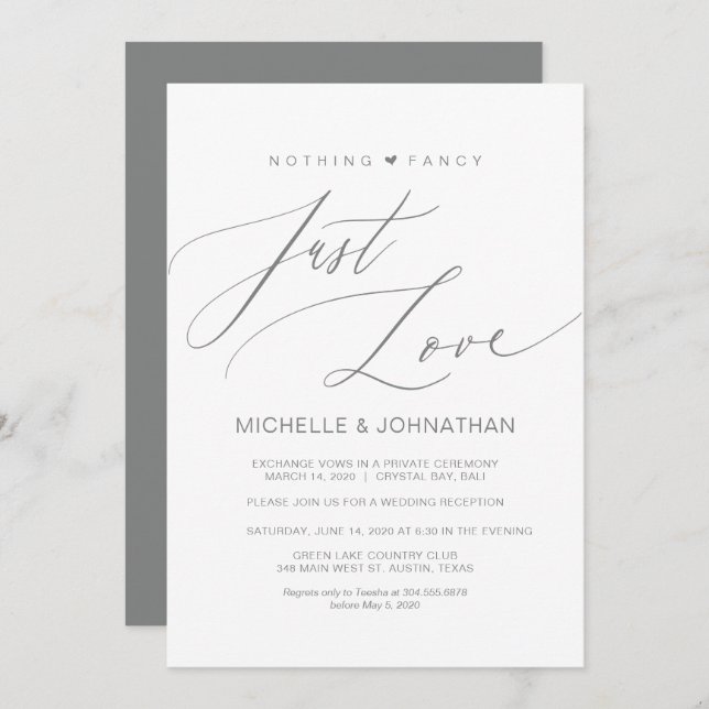 Modern Script, Grey, Wedding Elopement Reception Invitation (Front/Back)