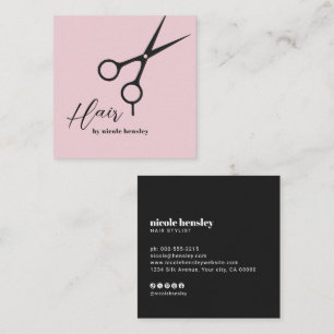 Modern Script Hair Stylist Scissors Pink & Black Square Business Card
