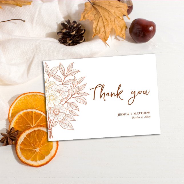 Modern Script Hand-drawn Autumn Foliage Wedding Thank You Card (Creator Uploaded)