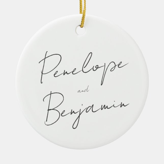 Modern Script Handwriting Black and White Wedding Ceramic Tree Decoration (Front)