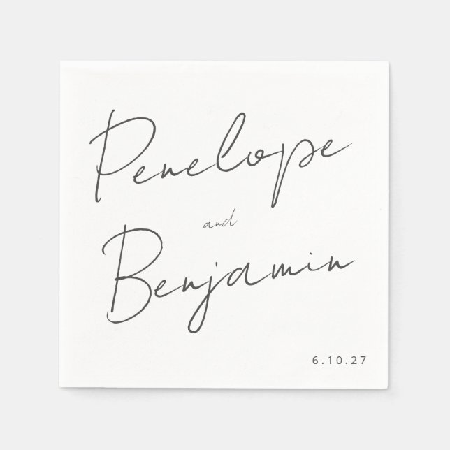Modern Script Handwriting Black and White Wedding Napkin (Front)