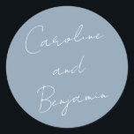 Modern Script Handwriting Dusty Blue Wedding  Classic Round Sticker<br><div class="desc">Modern Script Handwriting Dusty Blue Wedding Classic Round Sticker</div>