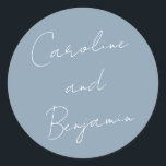 Modern Script Handwriting Dusty Blue Wedding  Classic Round Sticker<br><div class="desc">Modern Script Handwriting Dusty Blue Wedding Classic Round Sticker</div>