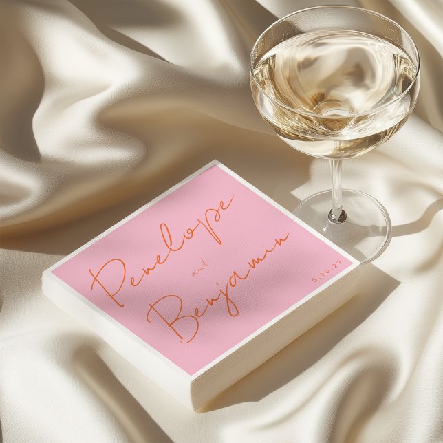 Modern Script Handwriting Pink and Orange Wedding Napkin (Creator Uploaded)