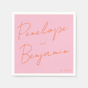 Modern Script Handwriting Pink and Orange Wedding Napkin