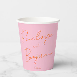 Modern Script Handwriting Pink and Orange Wedding Paper Cups