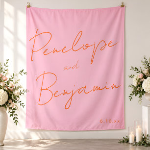 Modern Script Handwriting Pink and Orange Wedding Tapestry