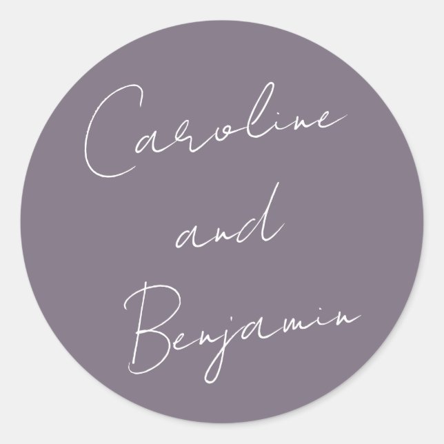 Modern Script Handwriting Wedding Dusty Purple Classic Round Sticker (Front)