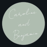 Modern Script Handwriting Wedding Dusty Sage Classic Round Sticker<br><div class="desc">Modern Script Handwriting Wedding Boho Dusty Sage Green Classic Round Sticker</div>