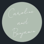 Modern Script Handwriting Wedding Dusty Sage Classic Round Sticker<br><div class="desc">Modern Script Handwriting Wedding Boho Dusty Sage Green Classic Round Sticker</div>