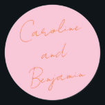Modern Script Handwriting Wedding Pink and Orange Classic Round Sticker<br><div class="desc">Modern Script Handwriting Wedding Boho Dusty Pink and Orange Classic Round Sticker</div>