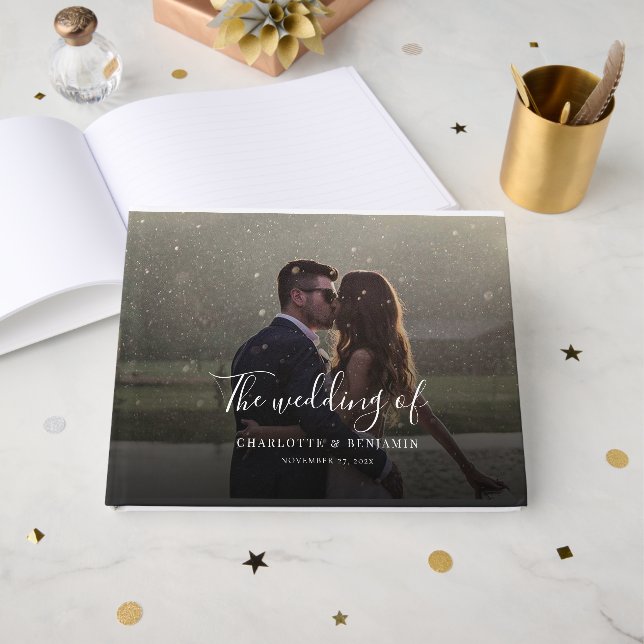 Modern Script Handwritten Photo Wedding Guest Book (Front Open)