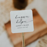 Modern Script Hangover Helper Wedding Favour Square Sticker<br><div class="desc">These modern script hangover helper wedding favour stickers are perfect for a minimalist wedding. The simple black and white design features unique industrial lettering typography with modern boho style. Customisable in any colour. Keep the design minimal and elegant, as is, or personalise it by adding your own graphics and artwork....</div>