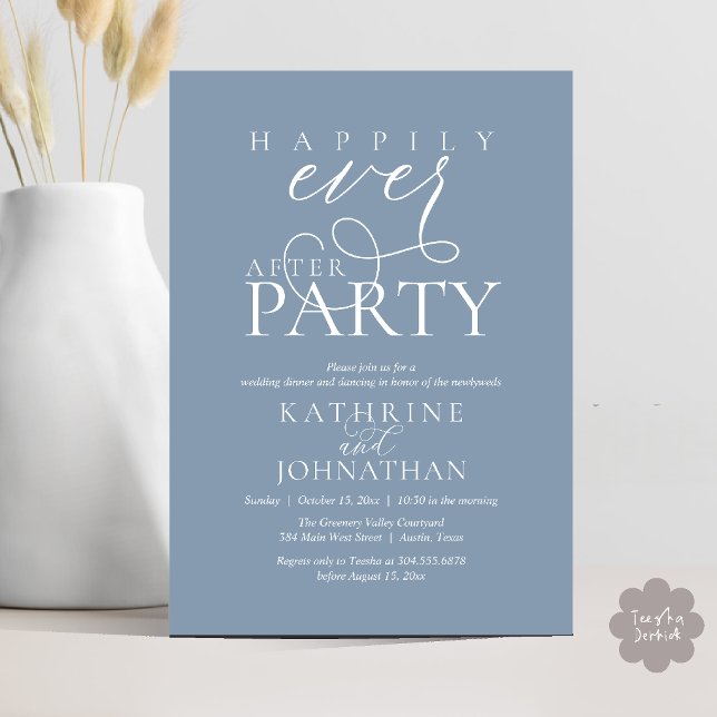 Modern Script Happily Ever After Party Elopement Invitation (Modern Script Happily Ever After Dinner Party Elopement Invitation Card in Dusty Blue)
